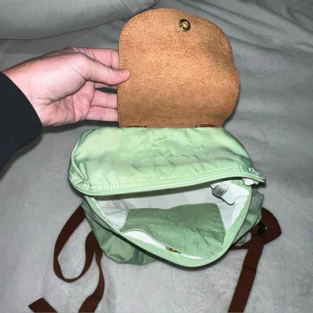 Longchamp Le Pliage Original Foldable Backpack Pretty Green with Brown Leather - Picture 10 of 16